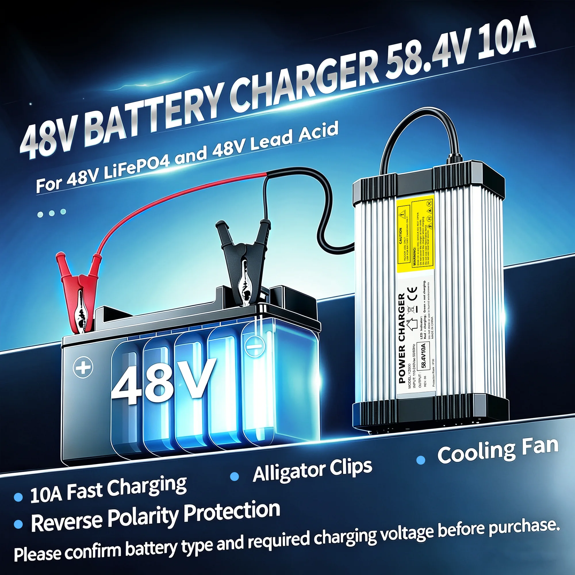 58.4V 10A LiFePO4 Battery Charger (48V 16S) - detail view 2